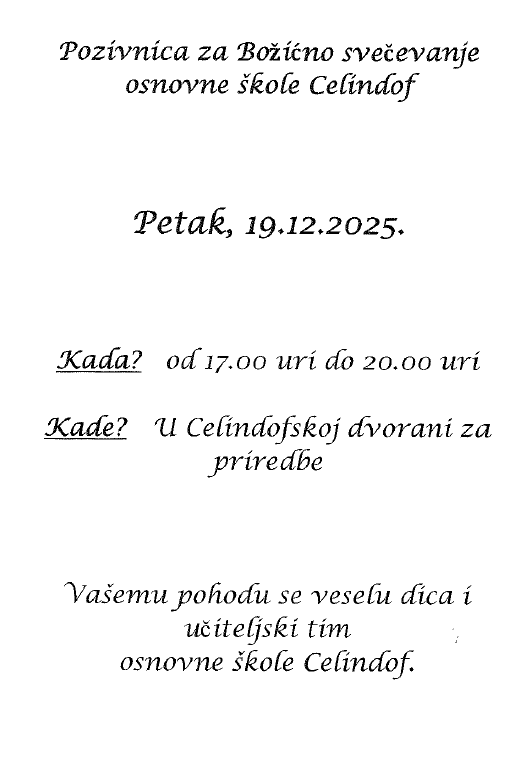 Einladung zur Weihnachtsfeier an der Grundschule Celindof. Freitag, 19.12.2025. Wann? Von 17:00 Uhr bis 20:00 Uhr. Wo? Im Celindof-Schulsaal für Proben. Wir laden alle Schüler und Lehrer der Grundschule Celindof herzlich ein.