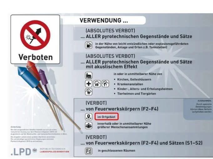 Ein Schild verbietet die Verwendung aller pyrotechnischen Gegenstände und Stoffe in der Nähe von leicht entflammbaren oder explosionsgefährdeten Materialien. Es verbietet auch pyrotechnische Gegenstände mit akustischem Effekt in oder in unmittelbarer Nähe von Kirchen, Krankenhäusern, Kinder-, Alten- und Pflegeheimen, Tierheimen und Tiergärten.