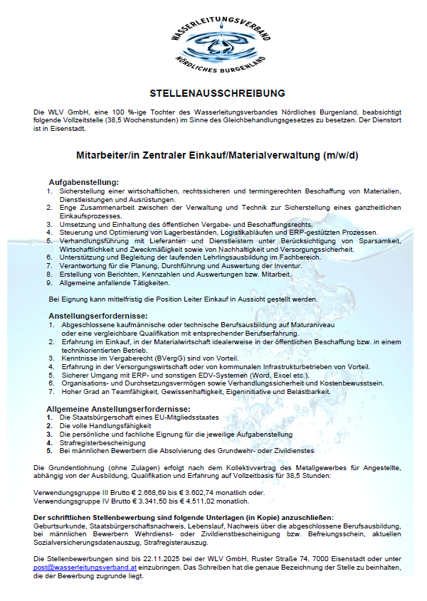 Das Dokument ist eine Stellenausschreibung für eine Position als Mitarbeiter in der zentralen Beschaffung/Materialverwaltung. Das Unternehmen sucht einen Vollzeitangestellten für 38,5 Wochenstunden. Der Job befindet sich in Eisenstadt. Die Stellenbeschreibung umfasst die Beschaffung von Materialien, Dienstleistungen und Ausrüstung zur Sicherstellung eines ganzheitlichen Einkaufsprozesses. Der Job ist in der zentralen Beschaffung/Materialverwaltung tätig. Das Unternehmen verlangt eine wirtschaftliche, rechtliche und termingerechte Beschaffung von Materialien, Dienstleistungen und Ausrüstung.
