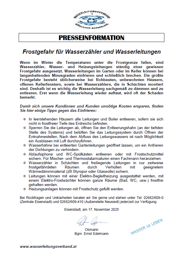 Das Bild zeigt eine Pressemitteilung von Eisenstadt über Frostgefahren für Wasserzähler und Wasserleitungen. Es bietet Tipps, um Schäden durch gefrierendes Wasser in Rohren und Wasserzählern zu vermeiden und unnötige Kosten für Kunden und Klienten zu sparen.