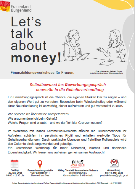 Ein Workshop-Poster für Frauen über Geldgespräche. Das Poster zeigt ein Bild von zwei Frauen im Gespräch und den Titel 'Lasst uns über Geld reden!' Es erwähnt kostenlose Finanzworkshops für Frauen und betont die Bedeutung von Selbstbewusstsein bei Vorstellungsgesprächen und Gehaltsverhandlungen.