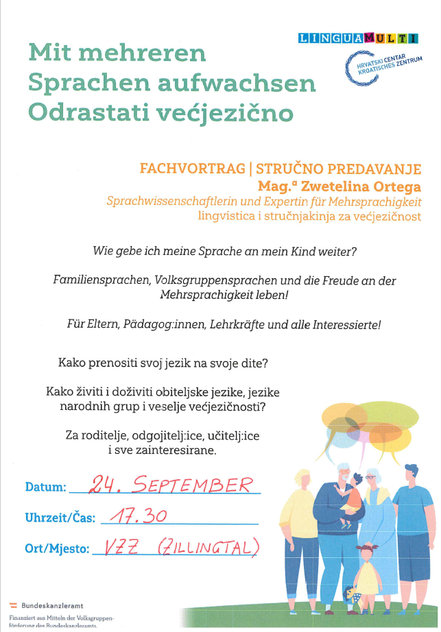 Eine Werbung für einen Vortrag mit dem Titel 'Sprachen aufwachsen, Kinder wachsen'. Es zeigt einen zweisprachigen Text über die Vorteile des Mehrsprachigkeit für Kinder. Die Veranstaltung wird von einer Linguistin und Expertin für Mehrsprachigkeit durchgeführt. Die Veranstaltungsdetails beinhalten Datum, Uhrzeit und Ort.
