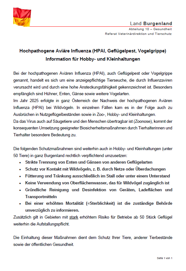 Das Dokument bietet Informationen über die hochpathogene Aviäre Influenza (HPAI), auch als Vogelgrippe bekannt, für Hobby- und Kleintierhalter. Es betont die Bedeutung von Biosicherheitsmaßnahmen wie die Trennung von Geflügel von Wildvögeln und die Desinfektion von Geräten. Es hebt auch die gesetzliche Verpflichtung zur Umsetzung dieser Maßnahmen in Gebieten mit hohem Infektionsrisiko hervor.