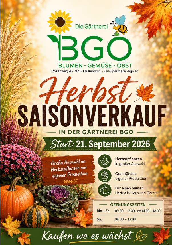 Plakat für den Herbstsaisonverkauf von BGO mit verschiedenen Pflanzen, Kürbissen und Herbstblättern. Der Verkauf beginnt am 21. September 2026. Öffnungszeiten sind aufgeführt.