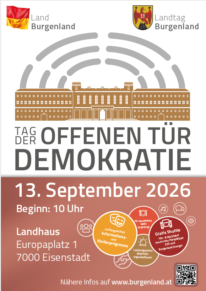 Poster for the Open Door Democracy event on September 13, 2026, featuring a building, event details, and icons for shuttle, information, and energy.