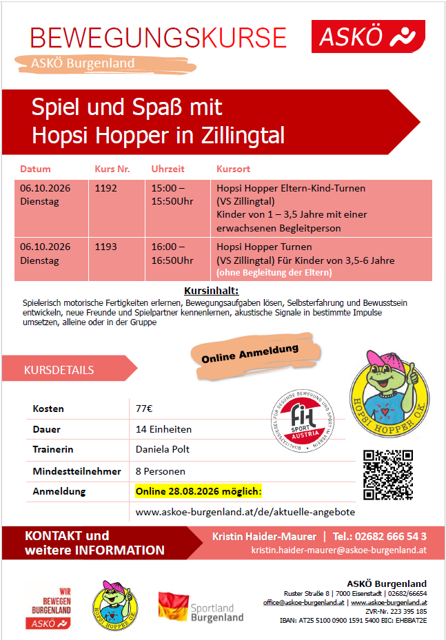 A flyer for motor skills and play activities with Hopsi Hopper in Zillingtal. It includes two sessions on October 6, 2026, one for children aged 1-3.5 years with an adult and another for children aged 3.5-6 years without an adult. The flyer also provides details about the cost, duration, trainer, and how to register.