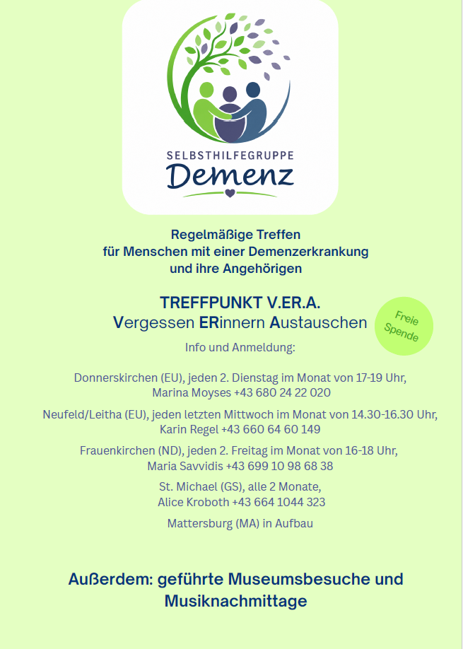 A flyer for the Selbsthilfegruppe Demenz, a support group for people with dementia and their families. It provides regular meeting times and contact information for different locations.
