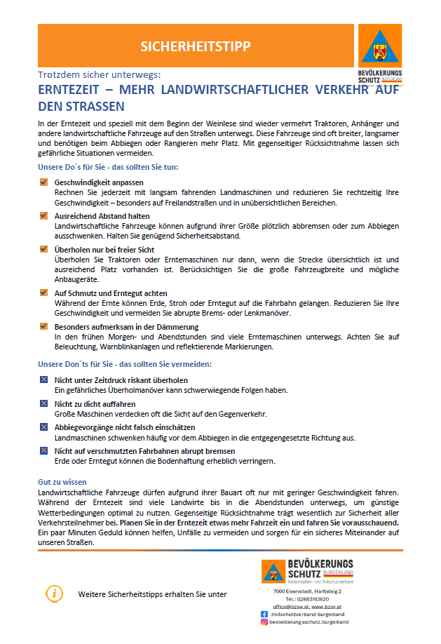 A document with a title 'Erntezeit - Mehr landwirtschaftlicher Verkehr auf den Straßen' provides safety tips for drivers during the harvest season, emphasizing the need to adjust speed, maintain distance, and avoid overtaking agricultural vehicles.