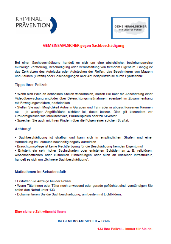 A document titled 'Criminal Prevention' discusses property damage, offering tips from the police, emphasizing the seriousness of the crime, and providing measures to take in case of damage.