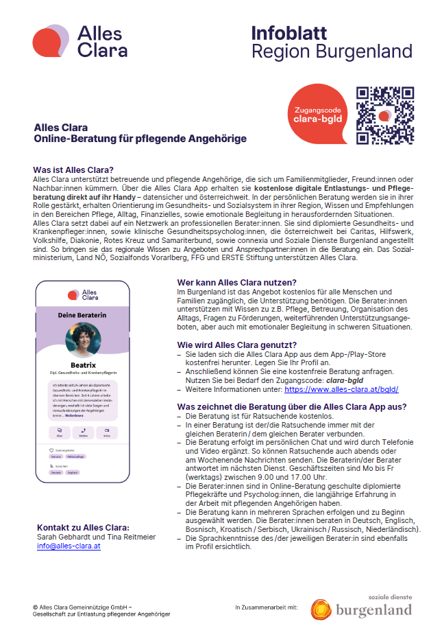 A screenshot of a webpage for Alles Clara, an online counseling service for caregivers. It includes a QR code, a brief description, and a contact section.