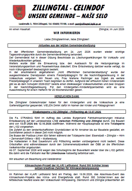 Zillingtal, Juni 2026. In der öffentlichen Gemeinderatssitzung am 24. Juni 2026 wurden wichtige Tagesordnungspunkte durch die Gemeindevertretung behandelt. Der Gemeinderat hat in dieser Sitzung Beschlüsse zu Lösungserklärungen für Verkaufs- und Wiederkaufsrechten gefasst. Weiteres wurde über die Erneuerung bzw. den Austausch für die Heizungsanlage im Kindergarten abgestimmt und Frauenhaus besprochen. Eine Entscheidung darüber wurde vertagt, da noch Klärungsbedarf diesbezüglich besteht.