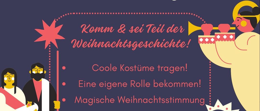 Eine Werbung für Krippenspiel lädt dich ein, als Josef, Hirten oder Engel teilzunehmen. Features beinhalten coole Kostüme, eine Rolle und eine magische Weihnachtsatmosphäre. Erstes Treffen am Donnerstag, 11. Dezember, um 17:30 Uhr im Pfarrhof.