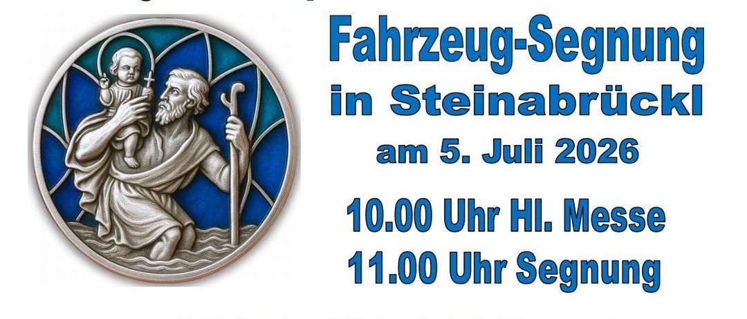Plakat für die Fahrzeugsegnung am 5. Juli 2020 um 10.00 Uhr. Darstellung des Heiligen Christophorus mit einem Kind, umgeben von blauen und silbernen Farben.