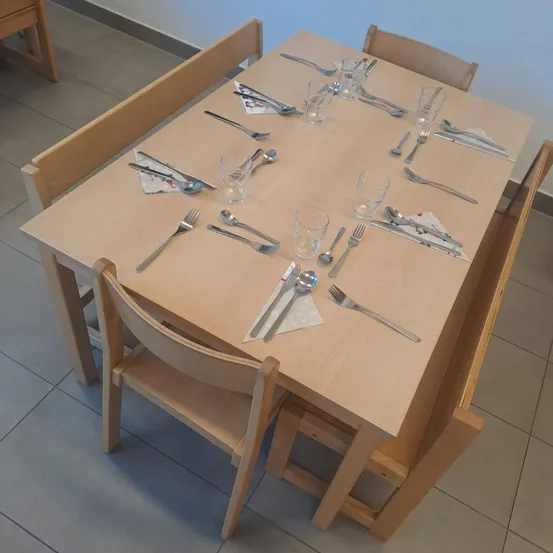 Furniture, Table, Tabletop, Cutlery, Fork, Cup, Chair, Spoon