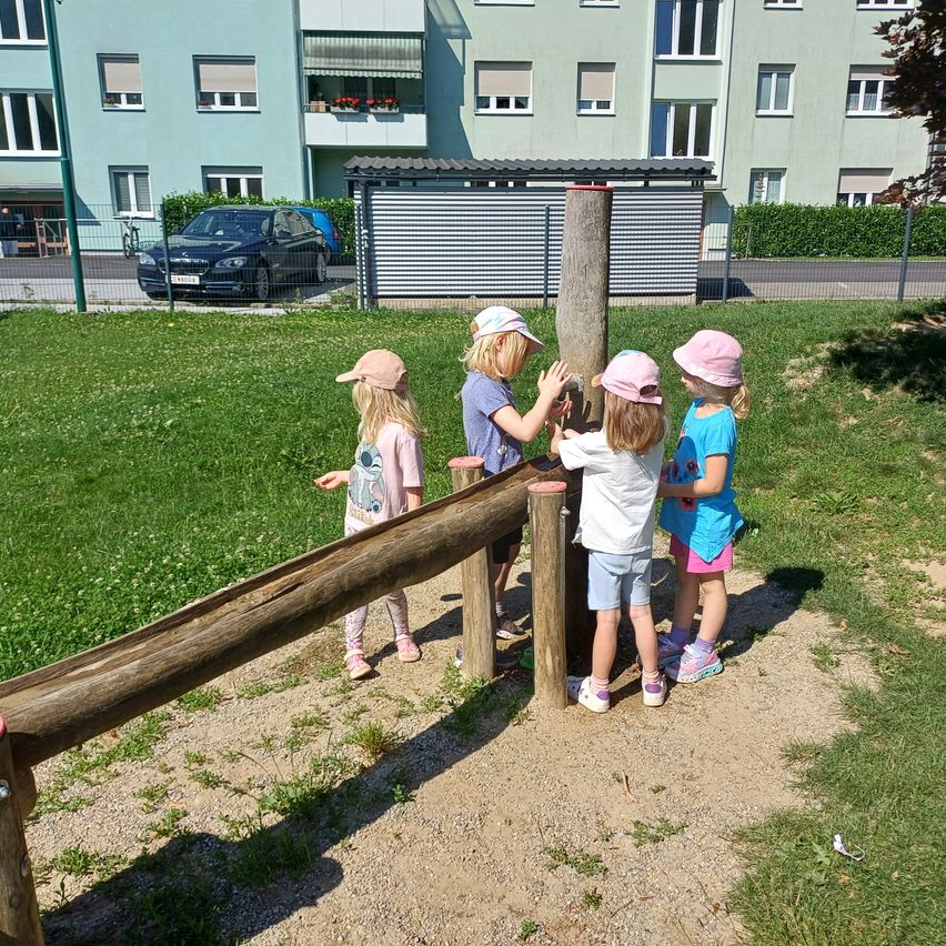 Vier junge Mädchen spielen auf einem hölzernen Wippgerät im Park. Hinter ihnen steht ein Gebäude mit Fenstern und ein geparktes Auto.