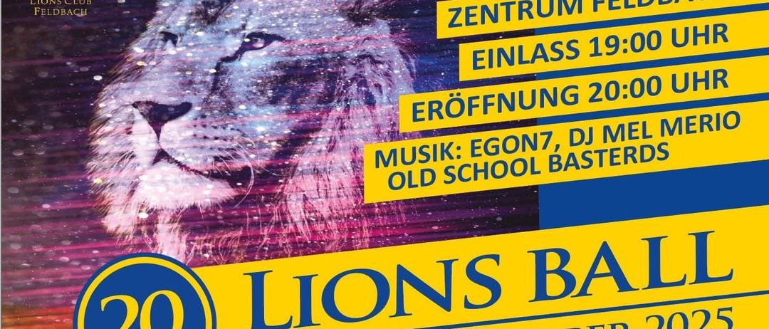 Ein Plakat für die Lions Bar Veranstaltung. Das Plakat zeigt das Gesicht eines Löwen mit schimmerndem Effekt. Der Text lautet 'Öffnung 20, Musik: Egon7, DJ Old School Baste, 15. November.'