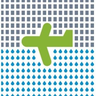 Ein Symbol eines grünen Flugzeugs mit Flügeln, das über blauen Wassertropfen auf einem weißen und grauen gepunkteten Hintergrund fliegt.