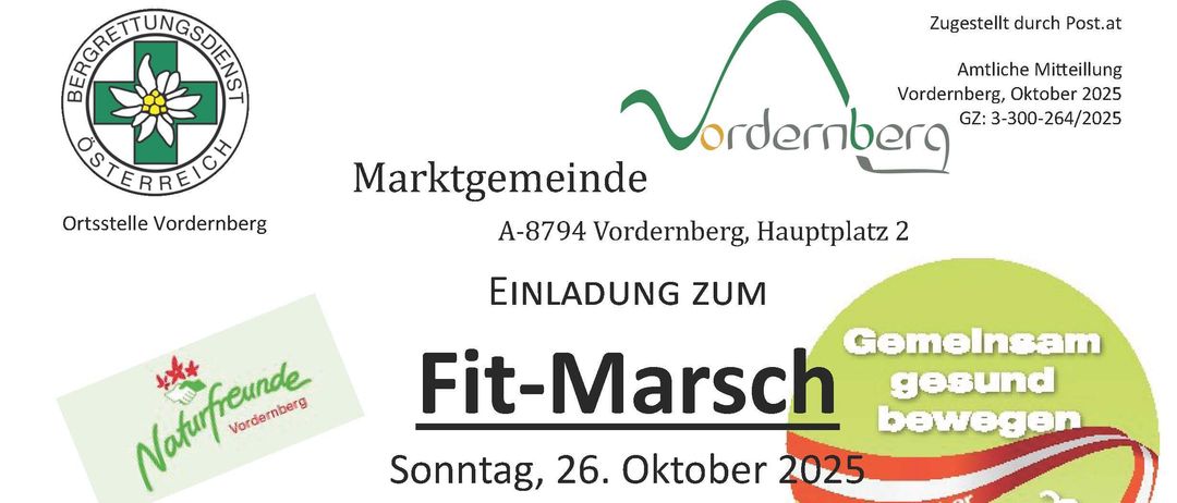 Einladung zum Fit-Marsch am Sonntag, 26. Oktober 2025, 09:00 Uhr vom Hauptplatz. Die Route führt über Rotzstraße, Forststraße, Holzplatz und weitere Orte. Anmeldung ab 08:30 Uhr im Rathaus, 4 € pro Erwachsener. Ziel ist der Barbarasaal. Alle angemeldeten Teilnehmer erhalten ein Paar Frankfurter und ein Getränk.
