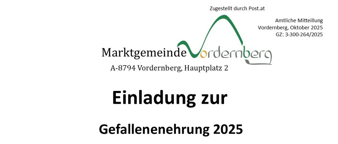 Einladung zur Gefallenenehrung 2025. Am Freitag, den 31. Oktober 2025, findet das Gefallenendenkmal statt. Ein Marsch vom Hauptplatz um 18:20 Uhr.