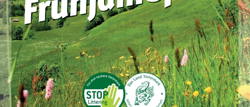 Ein Plakat für die große steirische Frühjahrsputzaktion mit einem grünen Feld und Bergen im Hintergrund. Die Daten sind vom 21. März bis 9. Mai 2026. Es enthält einen QR-Code.