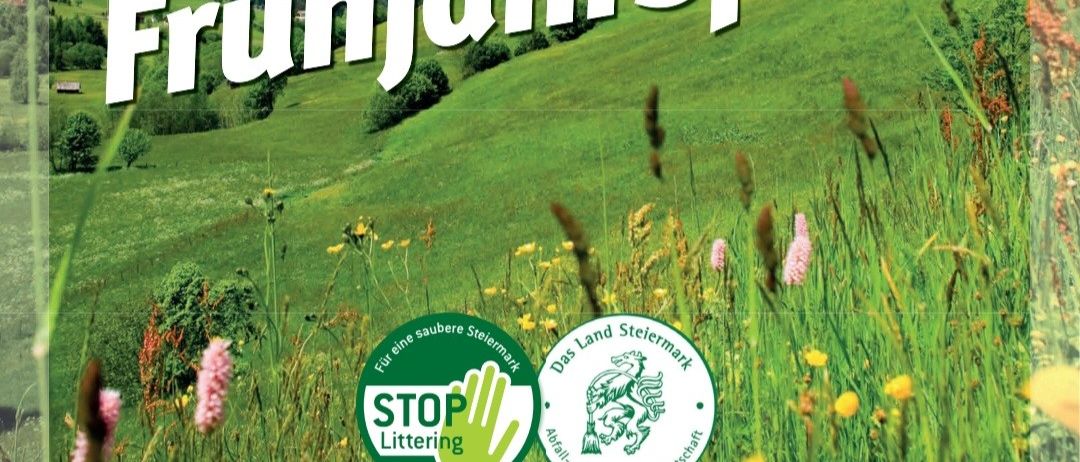 A poster for the big Styrian spring clean-up, featuring a green field and mountains in the background. Dates are from March 21st to May 9th, 2026. It includes a QR code.