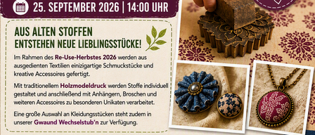 An event poster for the Re-Use-Herbst 2026, featuring a workshop on creating jewelry and accessories from old fabrics. The poster includes a schedule, materials list, and images of finished products.