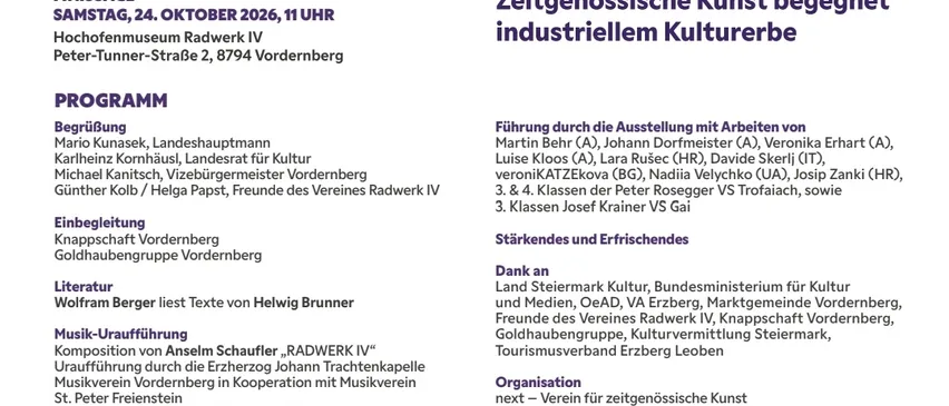Ein Plakat für eine Kunstausstellung namens Mythos Erz. Das Plakat hat einen weißen Hintergrund mit blauem und lila Text. Das Plakat enthält Informationen über die Veranstaltung, einschließlich Datum, Uhrzeit und Ort.