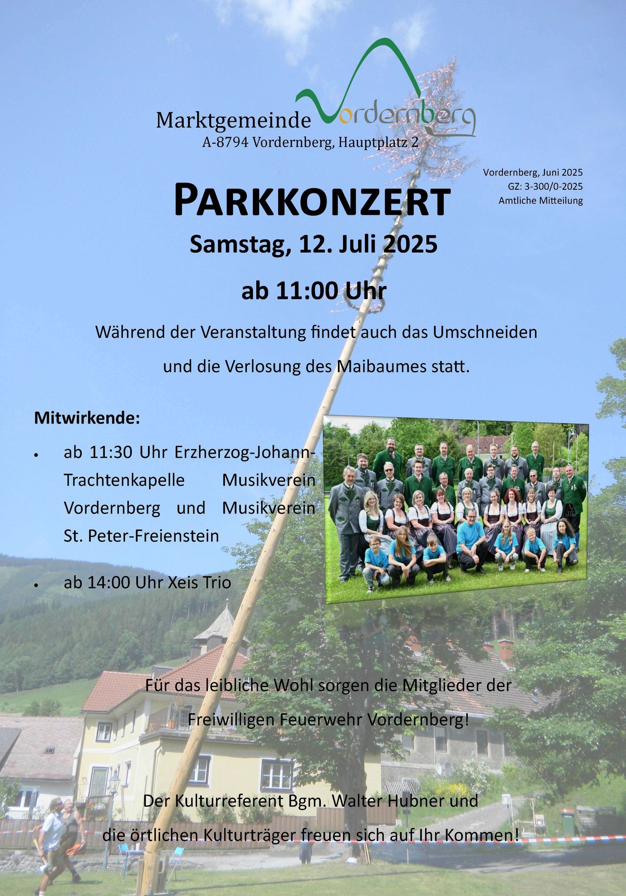 Ein Parkkonzert findet am 12. Juli 2025 ab 11:00 Uhr statt. Die Erzherzog-Johann-Trachtenkapelle und der Musikverein St. Peter-Freienstein treten auf. Während der Veranstaltung werden auch Bäume beschnitten und entfernt.