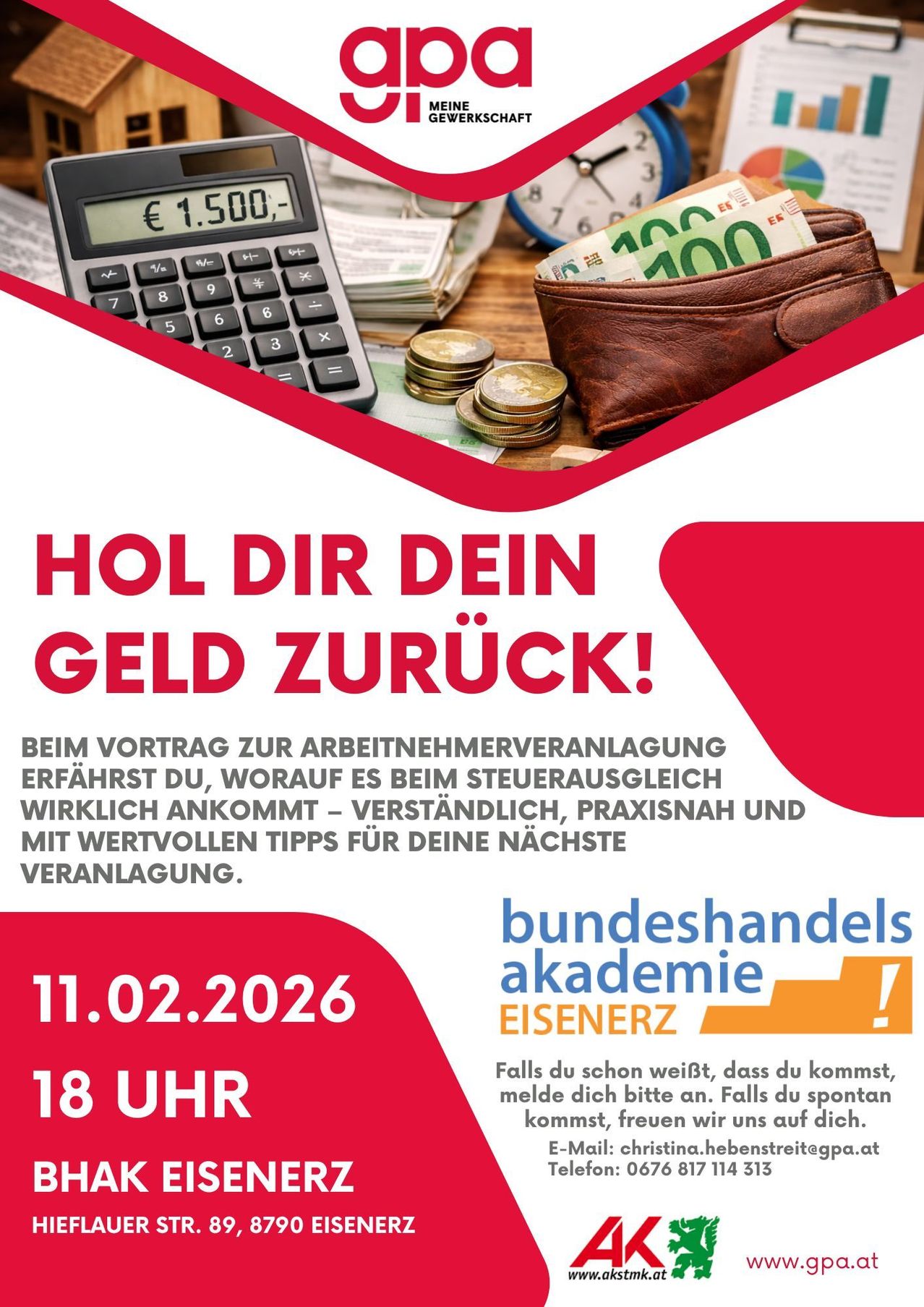 Ein Werbeplakat für eine Präsentation zur Arbeitnehmerverhandlung zeigt einen Taschenrechner, Münzen und eine Geldbörse. Es verspricht praktische, verständliche und wertvolle Tipps für Ihre nächste Verhandlung. Die Veranstaltung wird von der Bundeshandelsakademie in Eisenerz am 11.02.2026 um 18 Uhr veranstaltet.