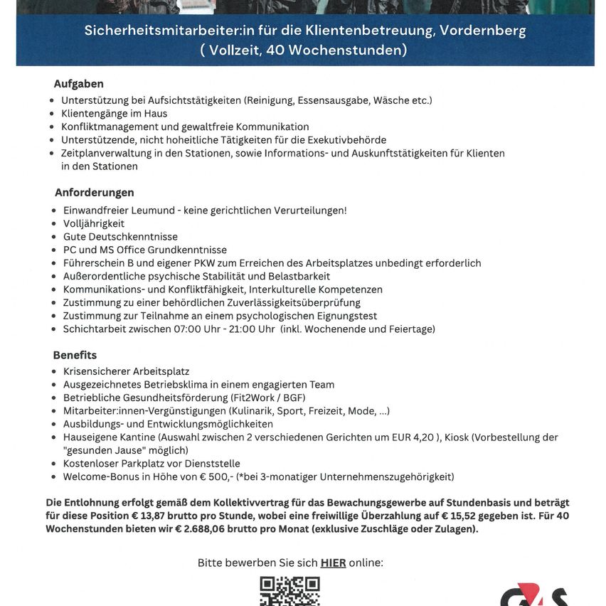 A job posting for security workers for client care in Vordernberg, Austria. The job involves tasks like supervision, client management, conflict resolution, and time management. Requirements include being a full-time employee, having no criminal record, and good German skills. Benefits include a crisis-proof job, company health benefits, flexible working hours, and a welcome bonus.