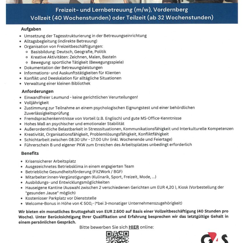 A job posting for a leisure and learning counselor in Vordernberg, Austria, detailing tasks, requirements, and benefits. The role involves daily activities, organization, creative activities, documentation, and conflict resolution. Requirements include a high school diploma, German proficiency, and MS Office skills. Benefits include a competitive salary, health benefits, and a bonus.