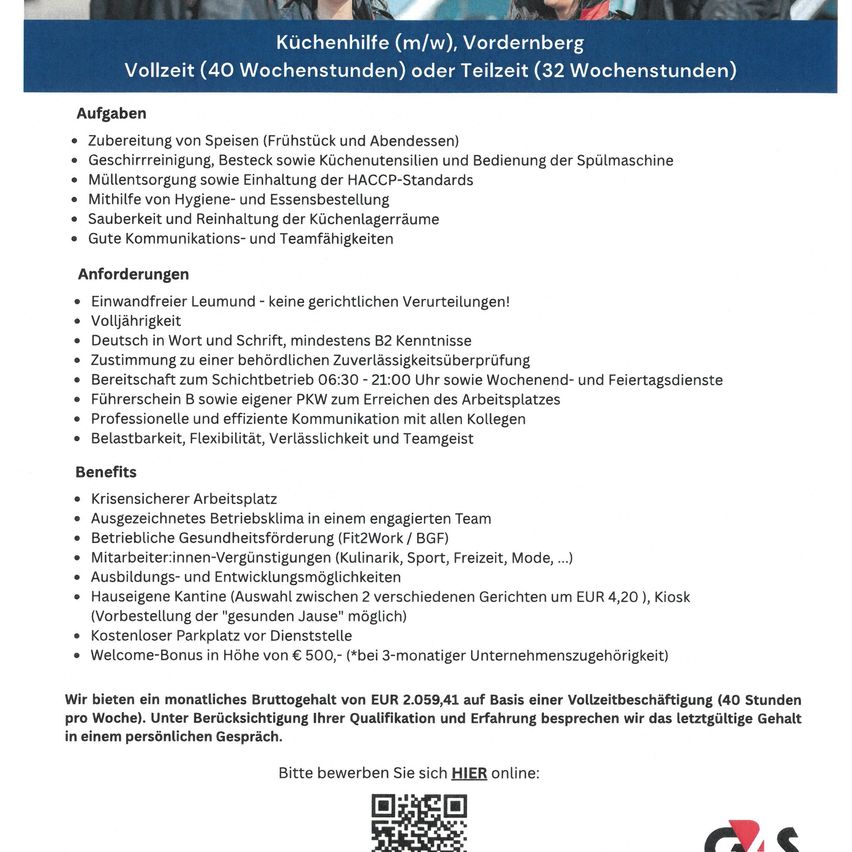 A job advertisement for kitchen help in Vördernberg, offering full-time or part-time positions. Tasks include meal preparation, kitchen cleaning, and equipment maintenance. Requirements include a clean record, basic German skills, and a valid driver's license. Benefits include a competitive salary, health insurance, and a welcome bonus.