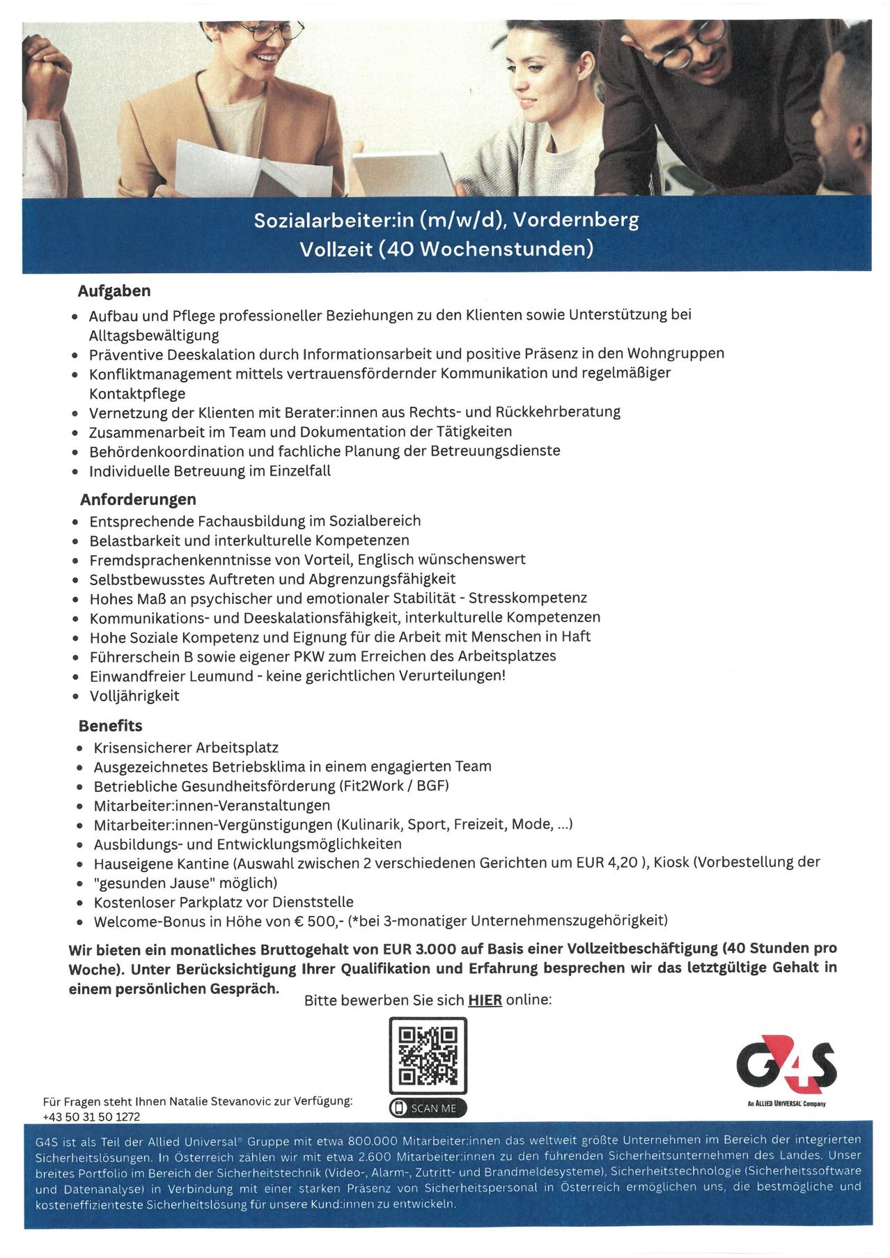 Job advertisement for a social worker in Vordennberg, Austria, specifying tasks, requirements, benefits, and application instructions. The role involves building professional relationships with clients, providing support in daily activities, and coordinating with teams and authorities. Requirements include social work expertise, language skills, and personal attributes. Benefits include a competitive salary, health benefits, and team events. The application process is online.