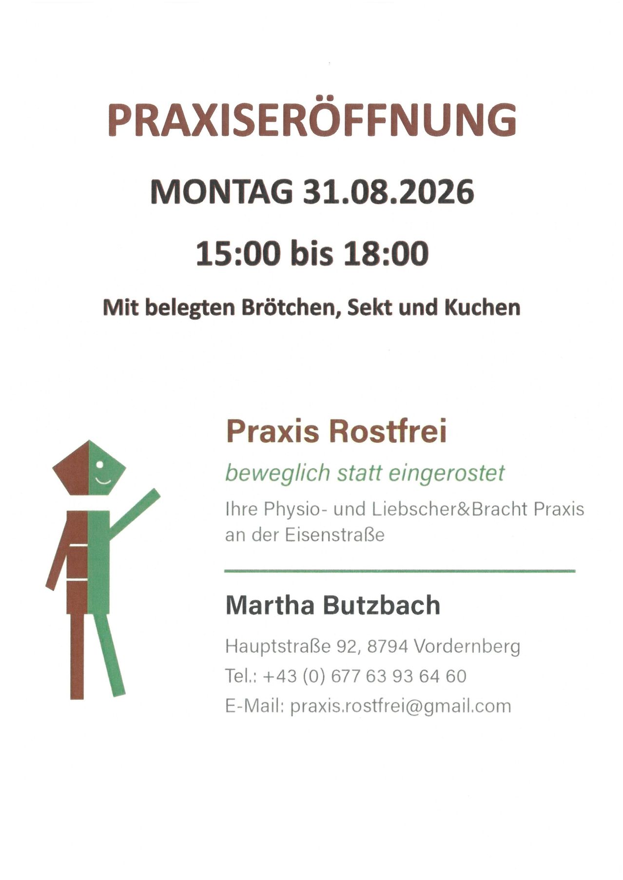 An advertisement for a free physical therapy session on Monday, August 31, 2026, from 3:00 PM to 6:00 PM. The location is at Eisenstraße, and the contact person is Martha Butzbach.
