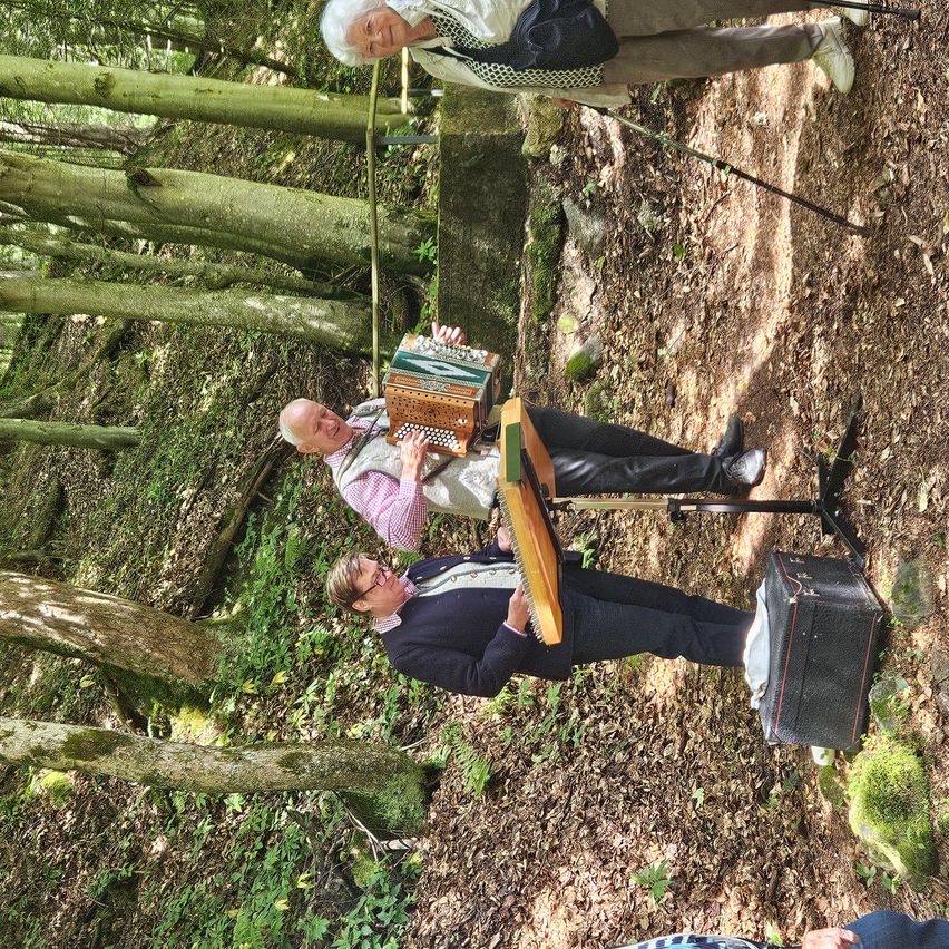 Zwei Männer spielen Instrumente in einem Wald. Einer spielt Akkordeon und der andere Harfe. Sie sind von hohen Bäumen und Erde umgeben.