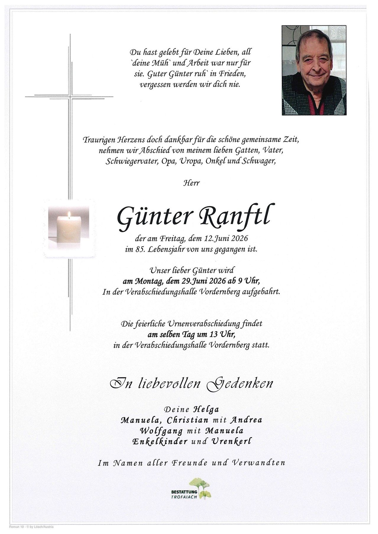 A farewell card for Günter Ranfll who passed away on June 12, 2026, at age 85. Details for the farewell ceremony are provided.