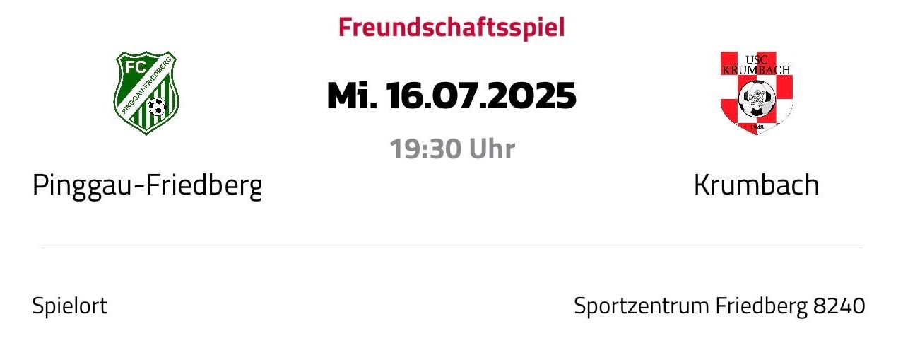 Ein Plakat für ein Freundschaftsspiel am Mittwoch, 16.07.2025, um 19:30 Uhr in Steinberg. Der Ort ist das Sportzentrum.
