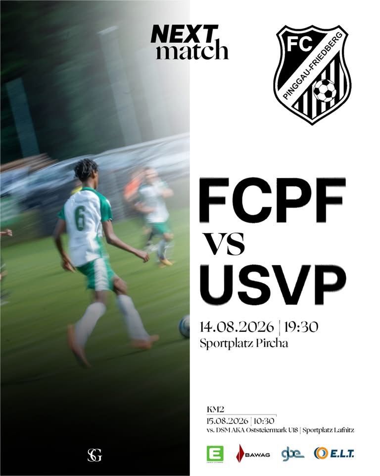 Plakat für ein Fußballspiel mit verschwommenen Spielern in Aktion. FCPF gegen USVP, Datum 14.08.2026, Zeit 19:30, Ort Sportplatz Pircha.