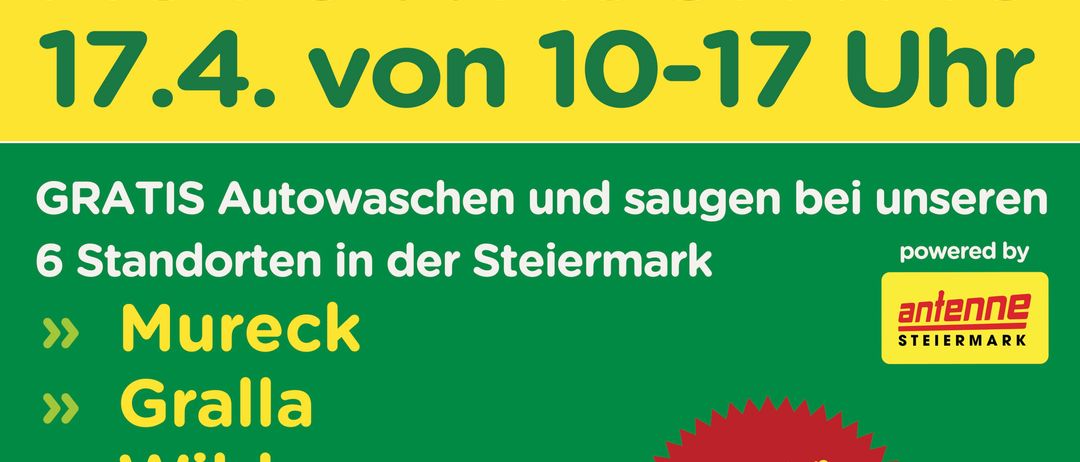 Ein kostenloser Autowaschtag am 17. April von 10 bis 17 Uhr an sechs Standorten in der Steiermark. Die ersten 50 Personen erhalten ein kostenloses Mikrofasertuch. Standorte sind Mureck, Grattalla, Wildon, Fohnsdorf, Murzuschlag und St. Lorenzen.