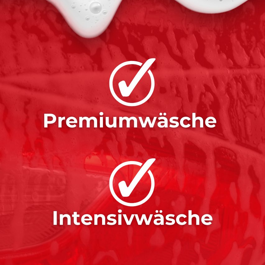 Das Bild zeigt einen roten Hintergrund mit zwei weißen Haken und Text. Der obere Haken ist mit 'Premiumwäsche' und der untere mit 'Intensivwäsche' beschriftet.