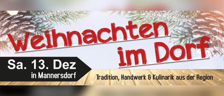 Eine Werbung für Weihnachten im Dez mit schneebedecktem Hintergrund, die traditionelle Handwerke und kulinarische Köstlichkeiten präsentiert.