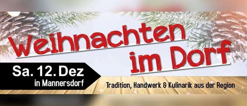 Ein Weihnachtsevent-Werbeplakat mit dem Text 'Weihnachten im Dorf' in Rot auf weißem Hintergrund. Das Bild enthält Tannenzapfen und einen Holzboden.