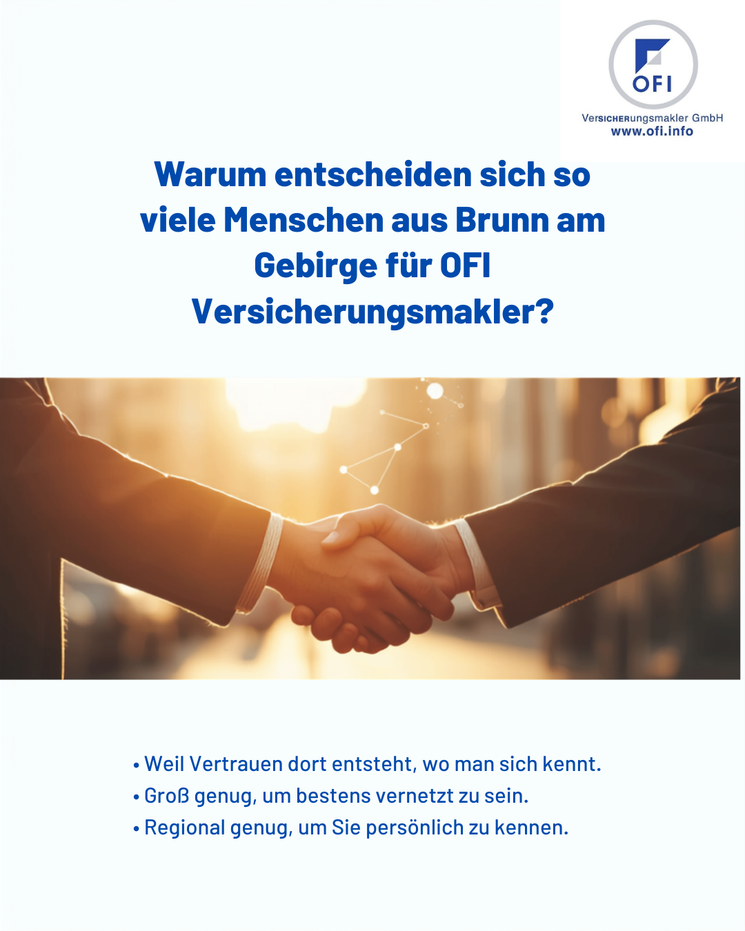 Two people shaking hands with the text 'Warum entscheiden sich so viele Menschen aus Brunn am Gebirge fur OFI Versicherungsmakler?' above them. Below, bullet points list reasons for choosing OFI.