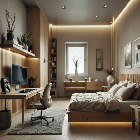 Bild enthält, Indoors, Interior Design, Home Decor, Chair, Furniture, Bed, Bedroom, Dorm Room, Rug, Monitor