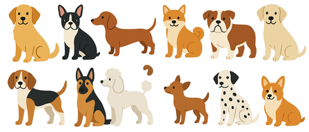 Eine Illustration zeigt eine Sammlung verschiedener Hunderassen in verschiedenen Farben, alle auf einem weißen Hintergrund stehend oder sitzend.