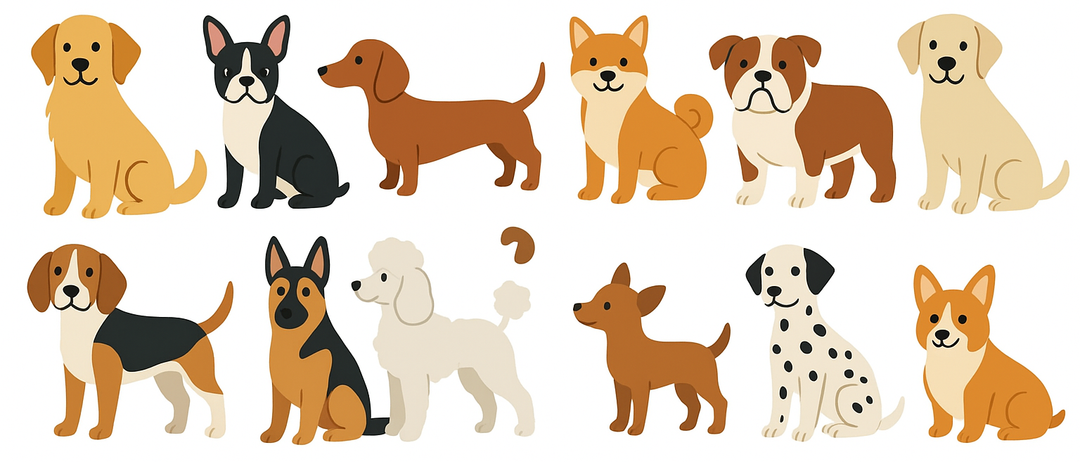 Eine Illustration zeigt eine Sammlung verschiedener Hunderassen in verschiedenen Farben, alle auf einem weißen Hintergrund stehend oder sitzend.