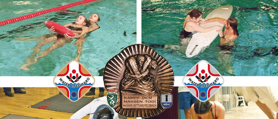 Zusammengesetztes Bild mit Wassersicherheitstraining. Szenen zeigen Schwimmer, Rettungsbrett, Rettungsmedaille und CPR-Übung an einem Dummy.