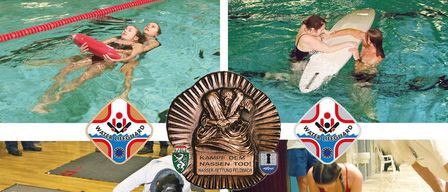 Zusammengesetztes Bild mit Wassersicherheitstraining. Szenen zeigen Schwimmer, Rettungsbrett, Rettungsmedaille und CPR-Übung an einem Dummy.