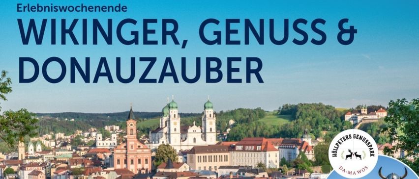 Poster for a weekend adventure, fun, and unforgettable experiences. Together, we embark on a journey into the nature, tradition, and enchanting wonders of the region. From Viking-Act to regional delicacies, this tour promises full surprises and delightful encounters. Tag 1: Adventure in Klein-Rifling with 6 scenic stops. Tag 2: Biohof-Erlebnis & Altstadtlauf in Passau. Tag 3: Donau-Erlebnis. Date: May 14-16, 2026.