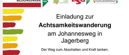 Poster for an event titled 'Achtsamkeitswanderung am Johannesweg in Jagerberg'. It features a group of people gathered around a small chapel. The event is scheduled for Saturday, February 21, 2026, starting at 2 PM in the church with a meditation.